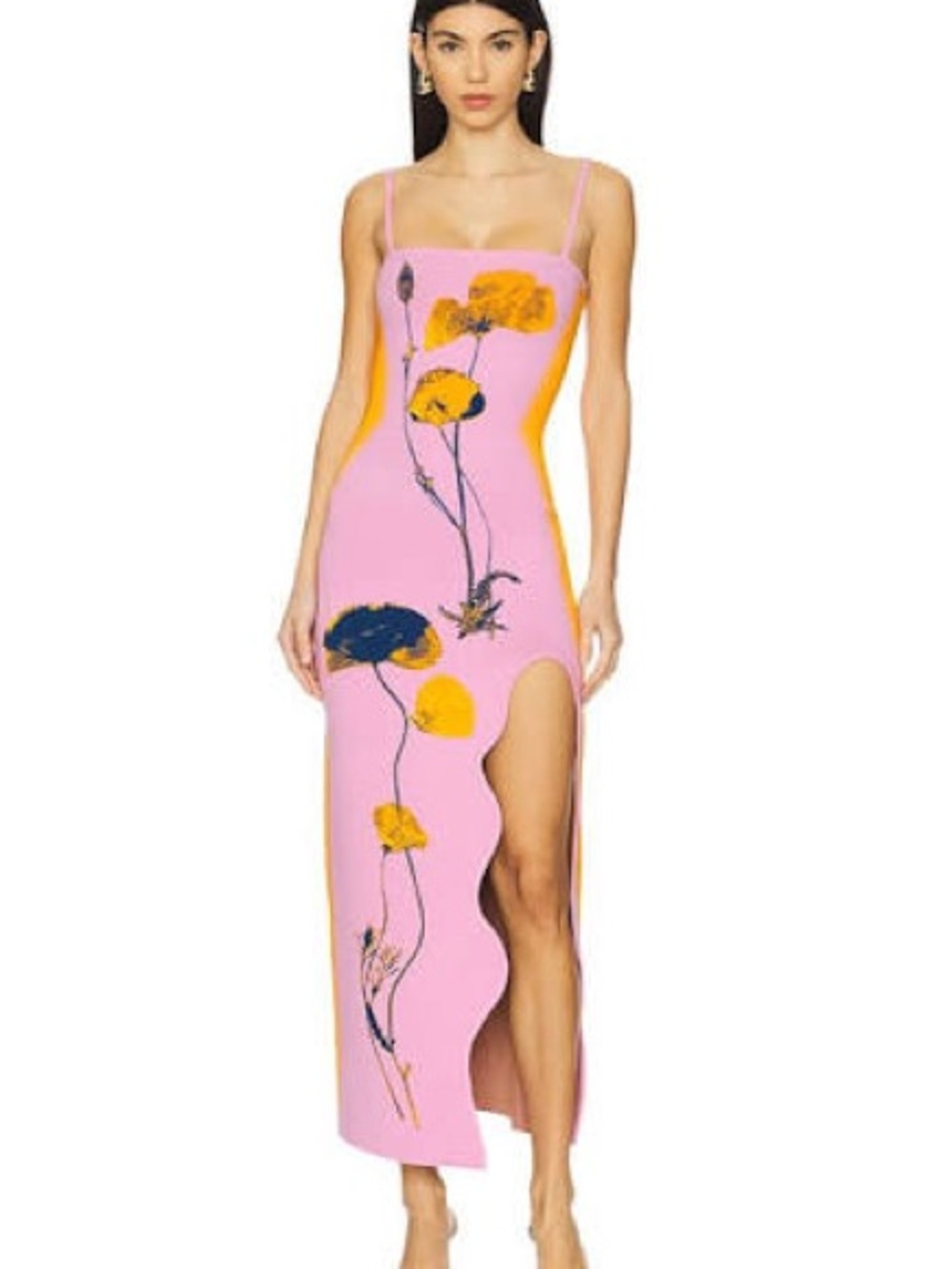 PH5 Pink Slip Midi Dress with Yellow Floral Motif
